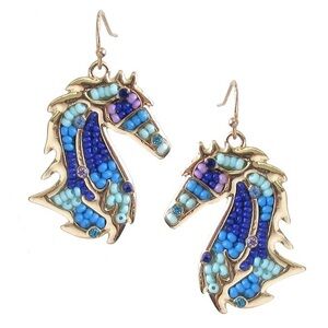 Blue seedbead horse earrings